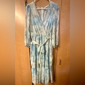 Calvin Klein Blue/White Chiffon Tiered Dress with Tie Waist